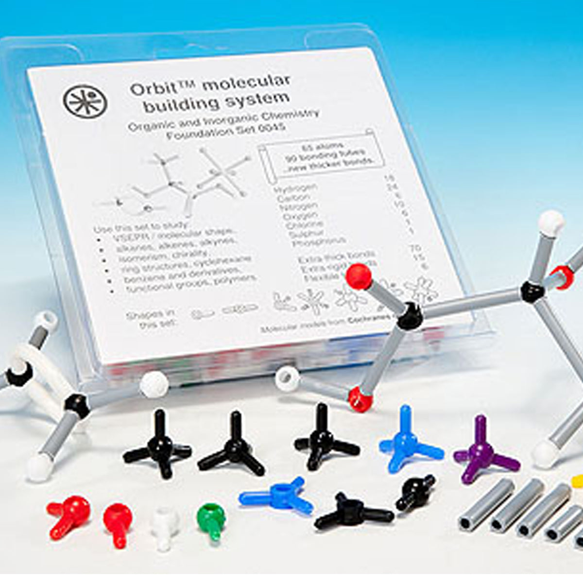 Orbit molecular building system with colorful atoms and bonding links on a white background
