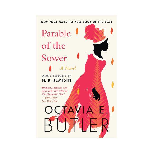 Book cover of 'Parable of the Sower' by Octavia E. Butler with a stylized illustration of a woman in a red dress.