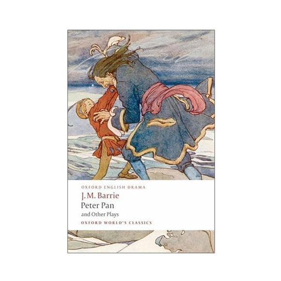 Book cover of 'Peter Pan' by J.M. Barrie with illustration of a a pirate and a child on a beach in combat. 