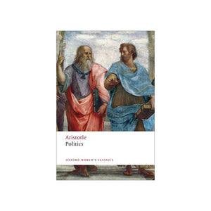 Book cover of 'Politics' by Aristotle with classical painting of two figures on a white background
