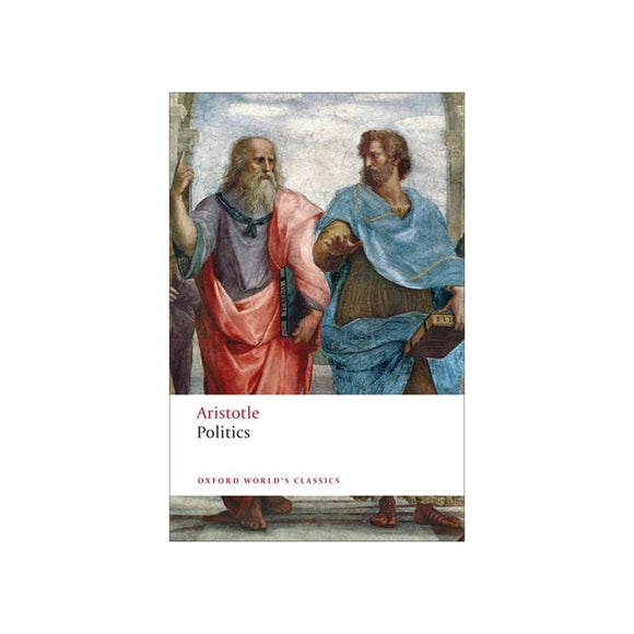 Book cover of 'Politics' by Aristotle with classical painting of two figures on a white background