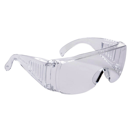 Clear safety goggles on a white background