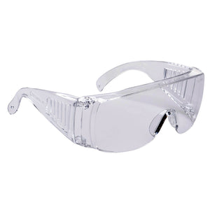 Clear safety goggles on a white background