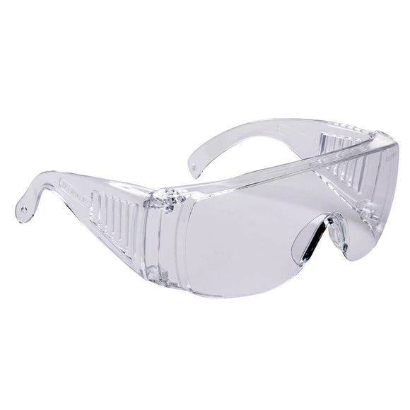 Clear safety goggles on a white background
