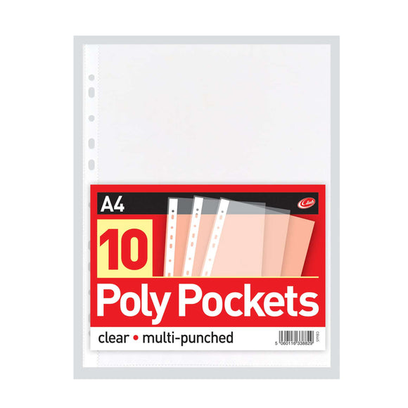 Pack of 10 A4 poly pockets with clear front cover on a white background