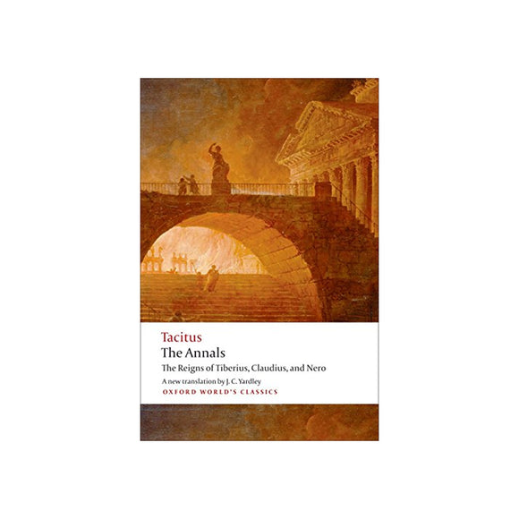 Book cover of 'The Annals' by Tacitus with classical architecture illustration