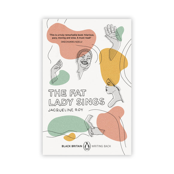Book cover of 'The Fat Lady Sings' by Jacqueline Roy with abstract illustrations on a white background.