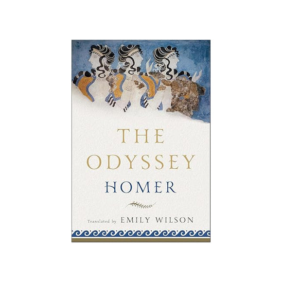 Book cover of 'The Odyssey' by Homer with illustrations of characters on a blue and white background.