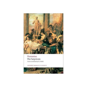 Book cover of 'The Satyricon' by Petronius with classical scene illustration on a white background