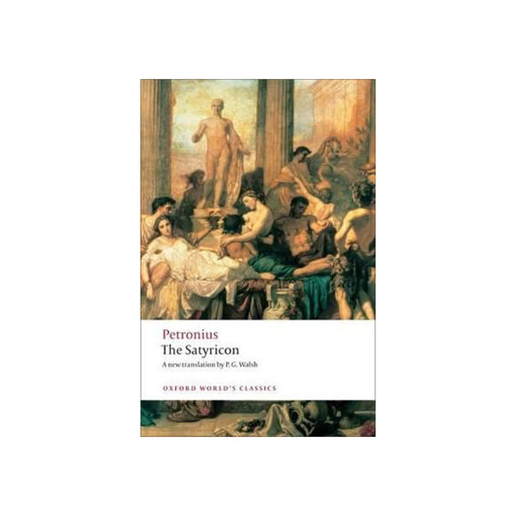 Book cover of 'The Satyricon' by Petronius with classical scene illustration on a white background
