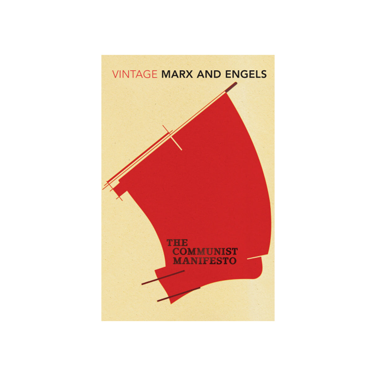 Book cover of 'The Communist Manifesto' by Marx and Engels with a red flag design on a beige background.