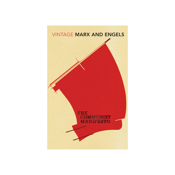 Book cover of 'The Communist Manifesto' by Marx and Engels with a red flag design on a beige background.