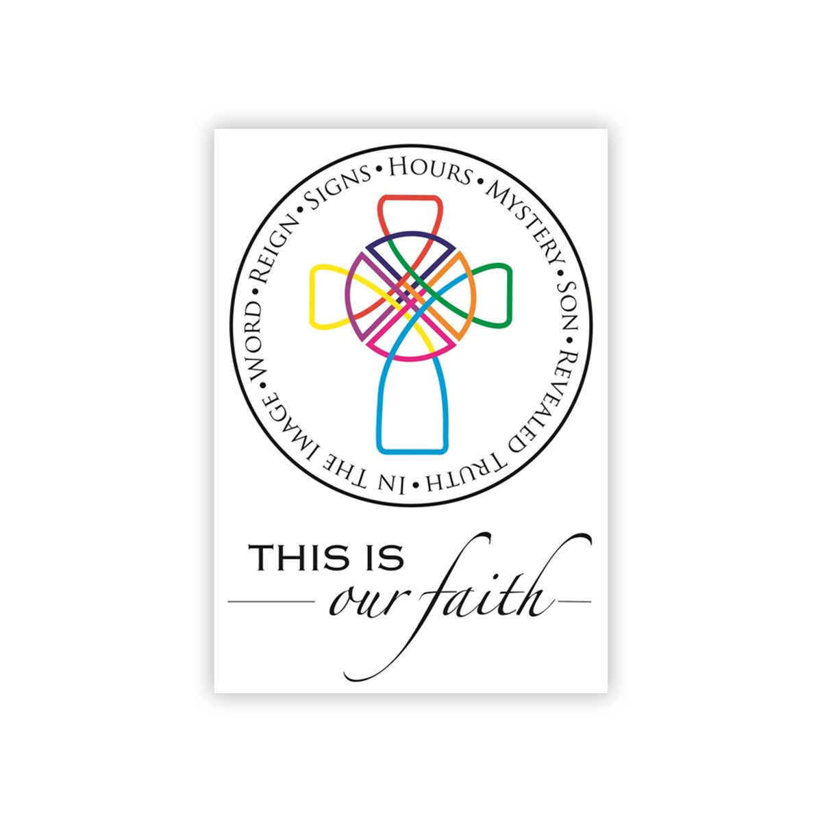 Colorful cross with text around it on a white background