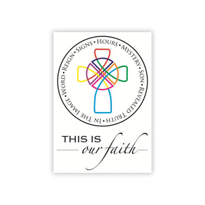 Colorful cross with text around it on a white background