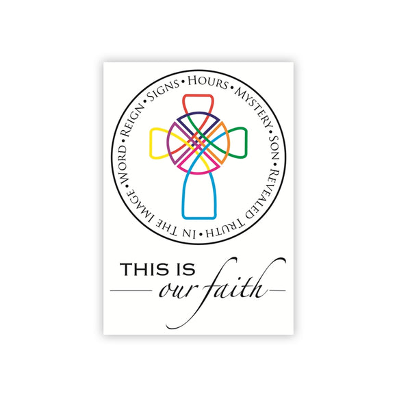 Colorful cross with text around it on a white background