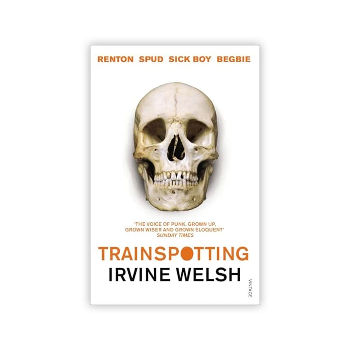 Book cover of 'Trainspotting' with a skull image on a white background