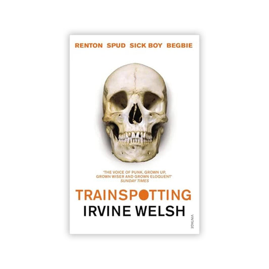 Book cover of 'Trainspotting' with a skull image on a white background