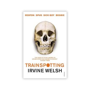 Book cover of 'Trainspotting' with a skull image on a white background