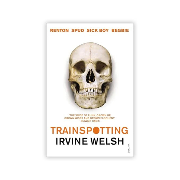 Book cover of 'Trainspotting' with a skull image on a white background
