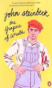 Book cover of 'The Grapes of Wrath' by John Steinbeck with a person wearing overalls and a red cap on a yellow background.