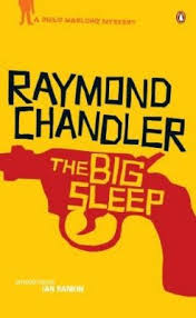 Book cover of 'The Big Sleep' by Raymond Chandler with a yellow background and red gun illustration.