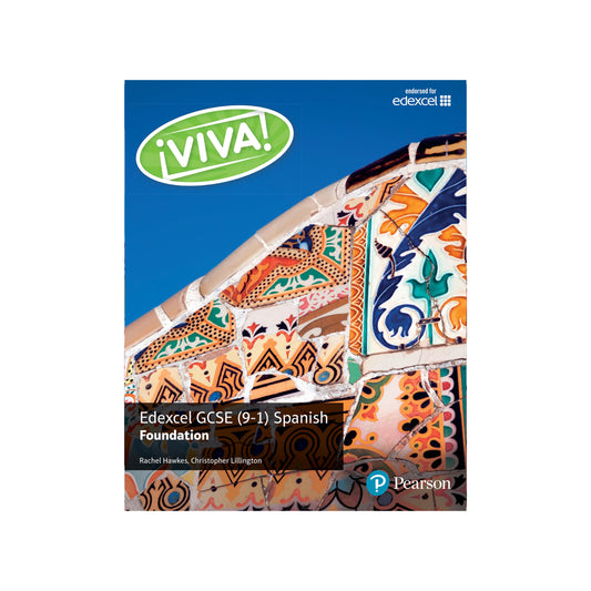 Book cover of 'VIVA! Edexcel GCSE (9-1) Spanish Foundation' by Pearson with colorful tile design on a blue background.