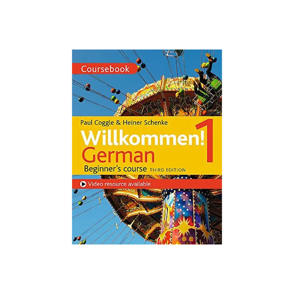Book cover of 'Willkommen! German Beginner's Course' with colorful design and text.