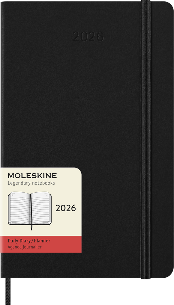 Black Moleskine planner with 2026 label on a white background