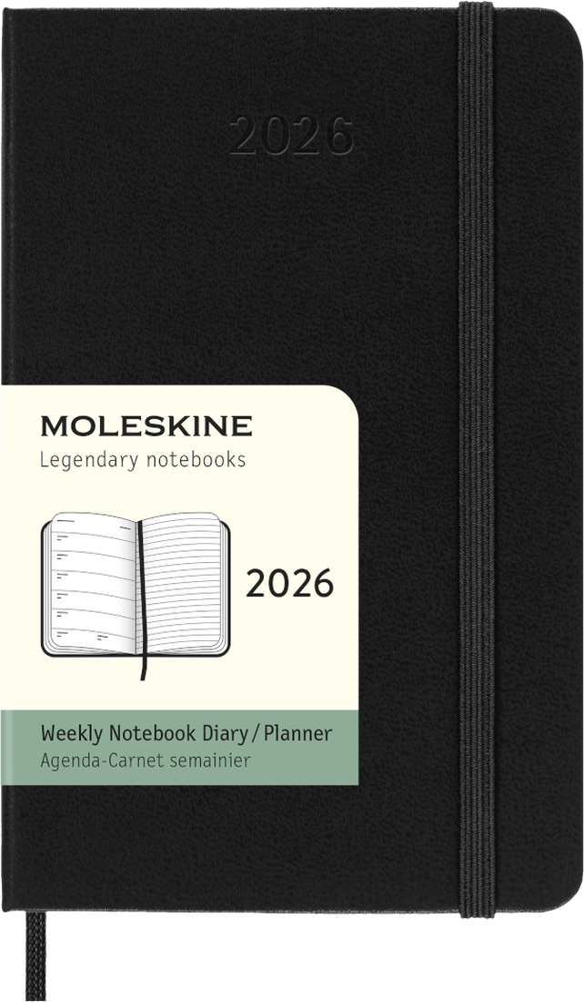 Black Moleskine notebook with 2026 planner cover on a white background