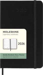 Black Moleskine notebook with 2026 planner cover on a white background