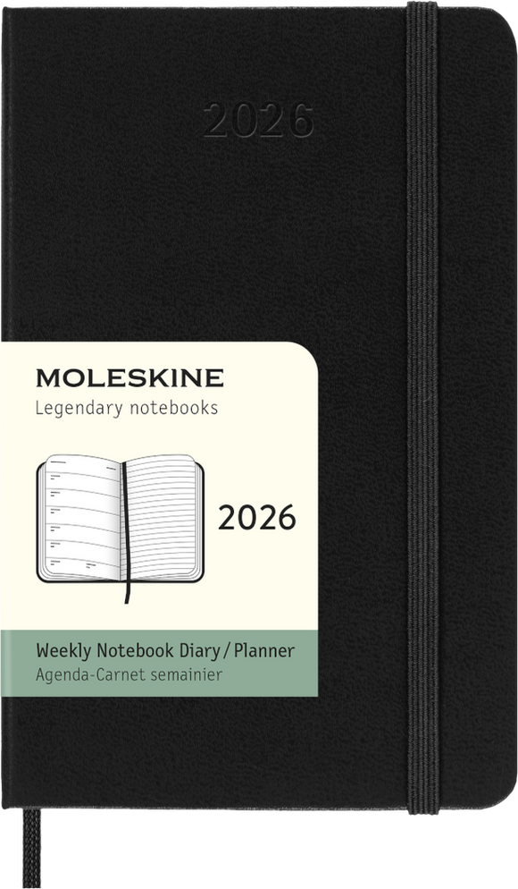 Black Moleskine notebook with 2026 planner cover on a white background