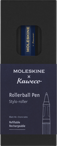 Moleskine x Kaweco rollerball pen packaging with black and blue design.
