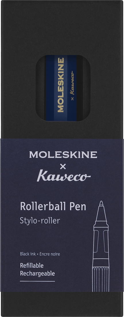 Moleskine x Kaweco rollerball pen packaging with black and blue design.