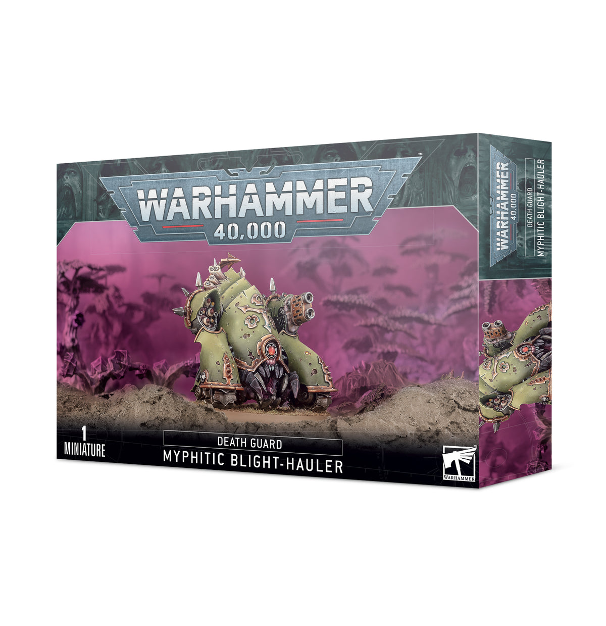 Warhammer 40,000 game box with a Death Guard Myphitic Blight-Hauler miniature on a purple background