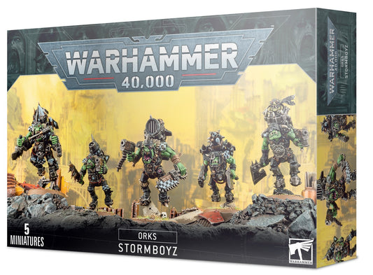 Warhammer 40,000 Orks Stormboyz miniatures box with four figures on a rocky landscape.