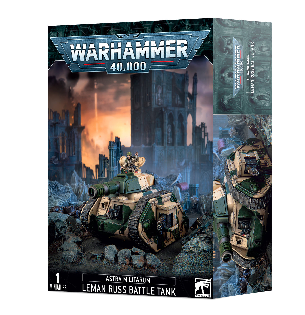 Warhammer 40,000 Leman Russ Battle Tank model on a detailed box cover