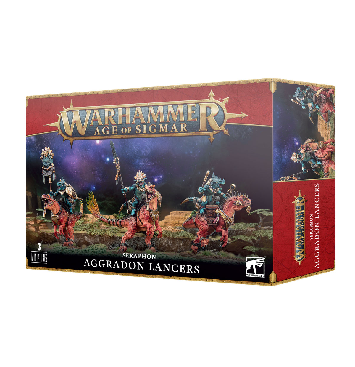 Warhammer Age of Sigmar game box featuring Seraphon Aggradon Lancers on a white background