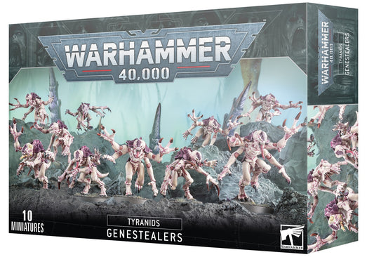 Box of genestealer Minatures pictured on a rocky landscape