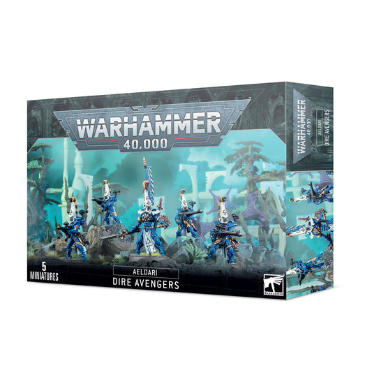 Warhammer 40,000 Aeldari Dire Avengers miniatures set packaging on a white background