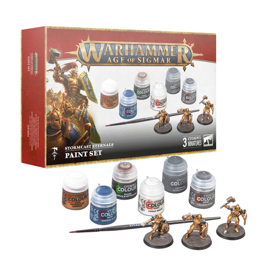Warhammer Age of Sigmar Stormcast Eternals Paint Set with miniatures and paint bottles on a white background