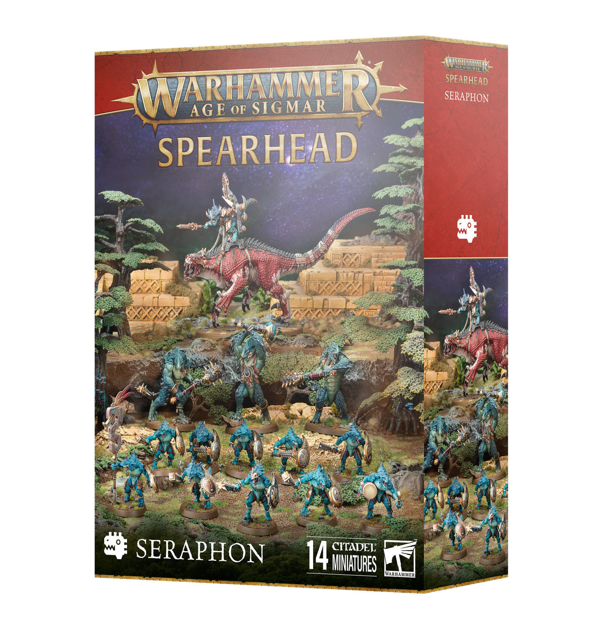 Warhammer Age of Sigmar Spearhead Seraphon miniatures box with figurines and landscape.