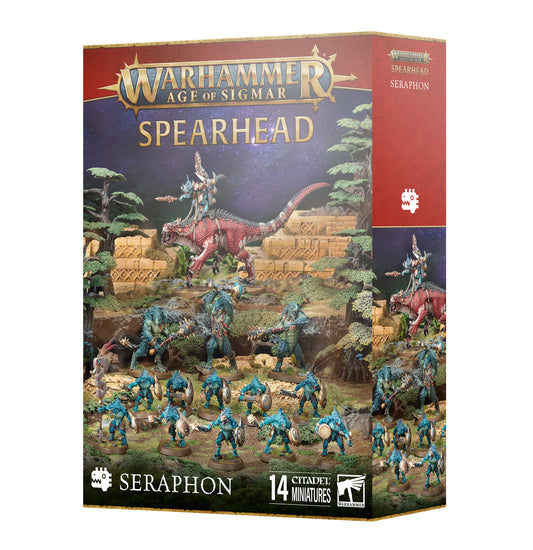 Warhammer Age of Sigmar Spearhead Seraphon miniatures box with figurines and landscape.