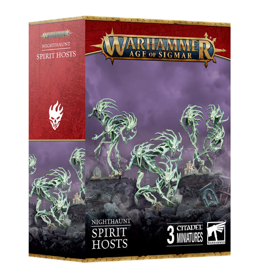 Warhammer Age of Sigmar Nighthaunt Spirit Hosts game box with green miniature figures on a purple background.