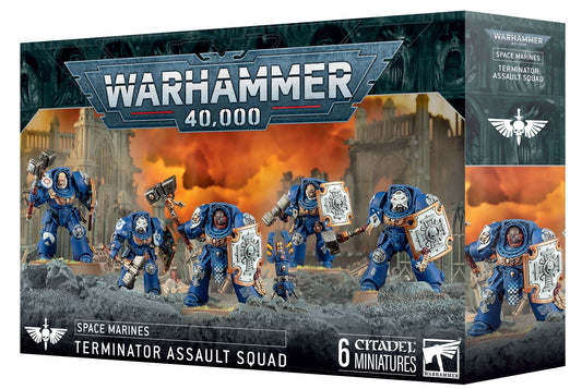 Warhammer 40,000 Space Marines Terminator Assault Squad box set with characters and fiery background.