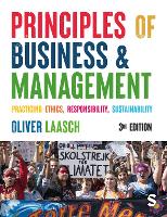 Book cover of 'Principles of Business & Management' by Oliver Laasch with colorful text and a protest scene.