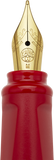 Red fountain pen with gold nib on a white background