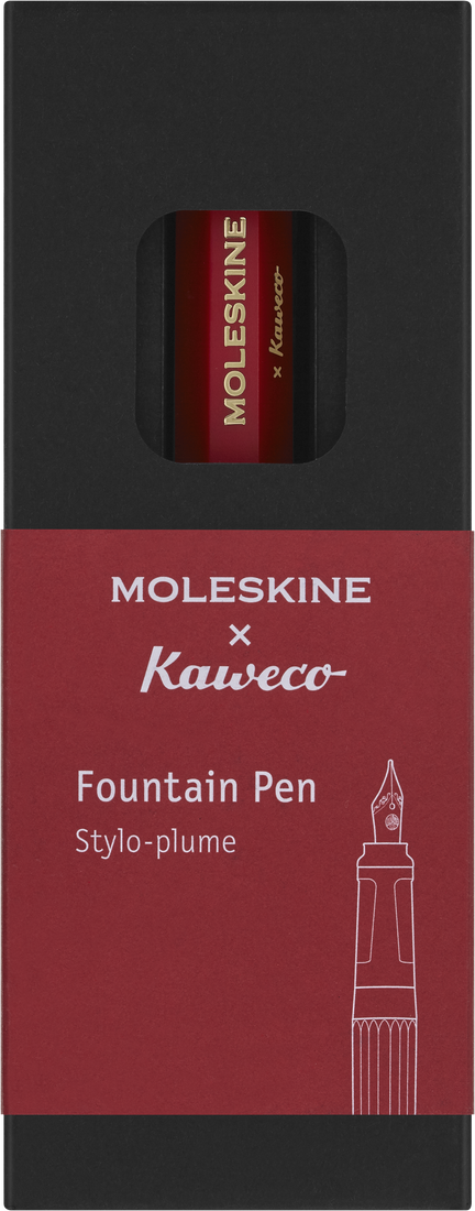 Moleskine x Kaweco fountain pen packaging with red and black design.