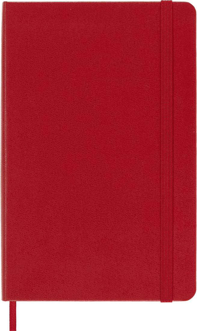 Red notebook with a visible strap on a white background