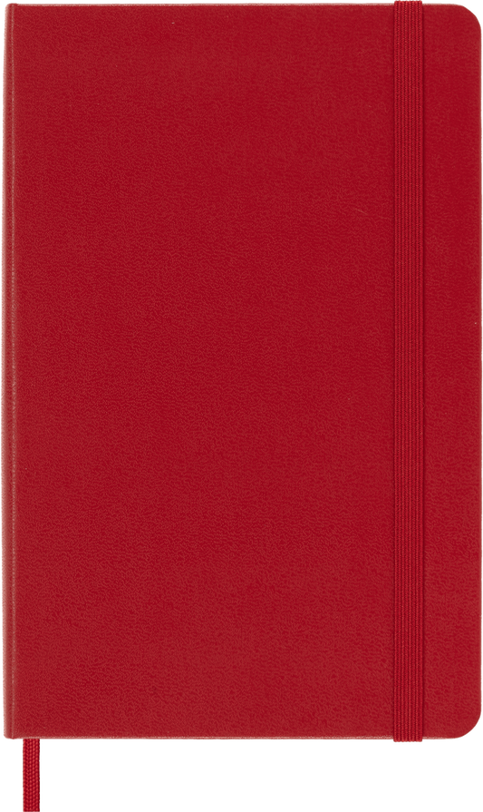 Red notebook with a visible strap on a white background