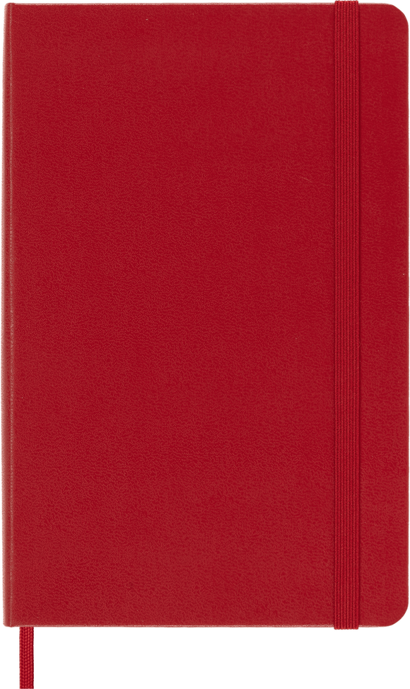 Red notebook with a visible strap on a white background